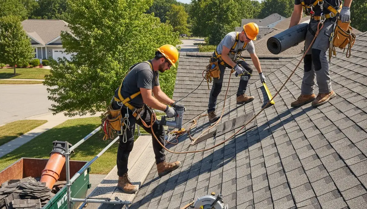 Roof repair crew fixing hail damage on an Oklahoma City, OK home by FX Remodeling & Exteriors