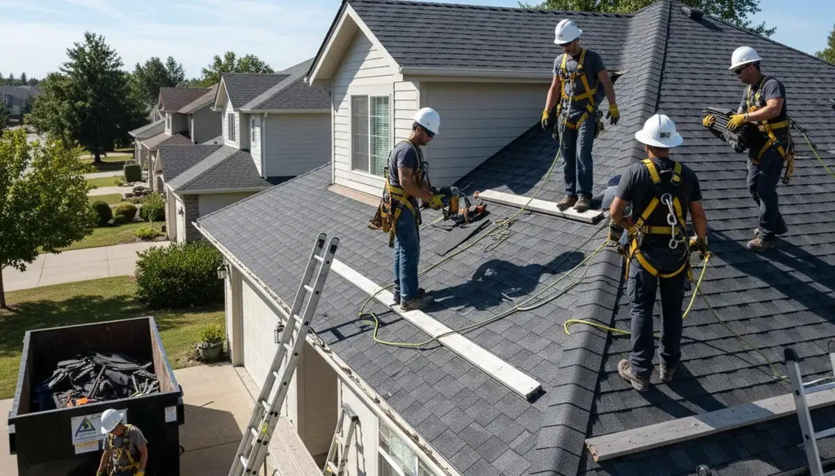Roof replacement crew in Oklahoma City, OK installing durable storm-resistant shingles for FX Remodeling & Exteriors